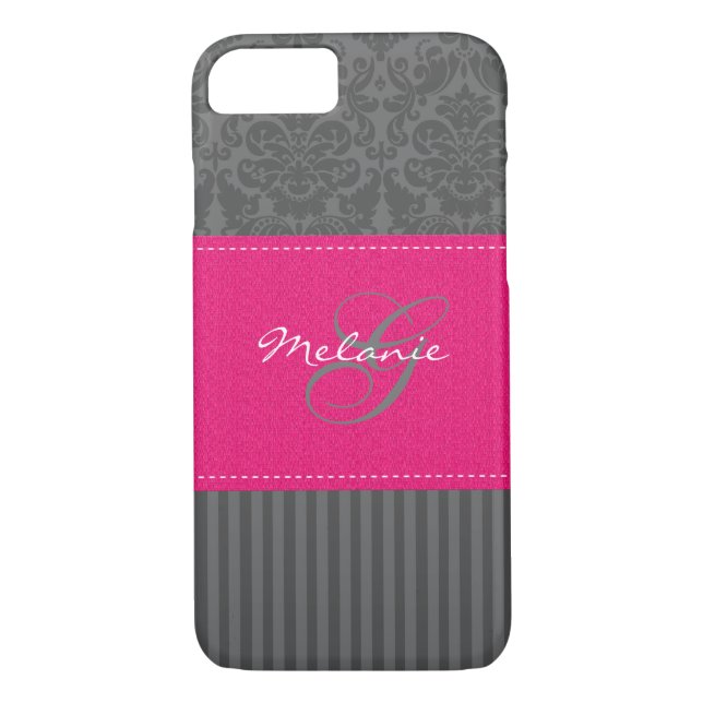 Funda Monograma Gray Pink Damask Stripe iPhone 7 (Reverso)