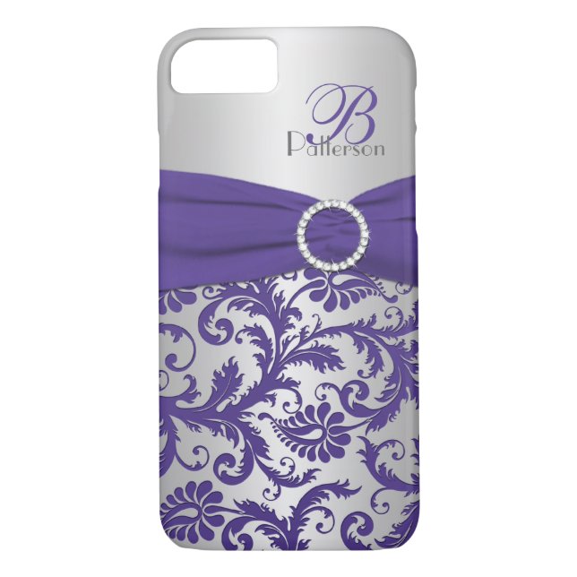 Funda Monograma morado y plateado Damask para iPho (Reverso)