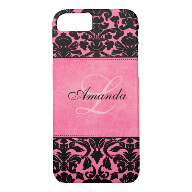 Funda Monograma negro y rosa Damask para iPhone 7 (Reverso)
