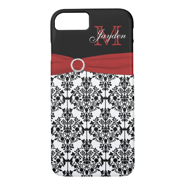 Funda Monograma Red Black White Damask para iPhone (Reverso)