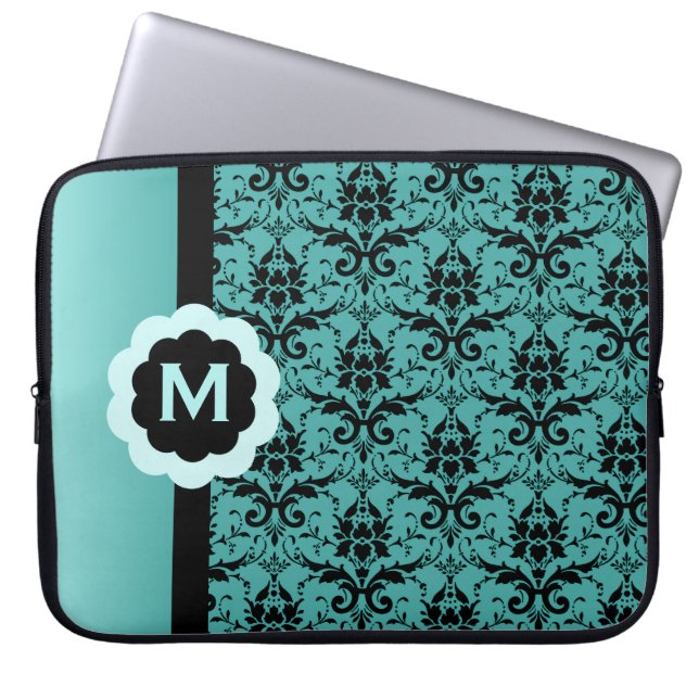 Funda monogramada Blue Black Damask para portátil (Frente)