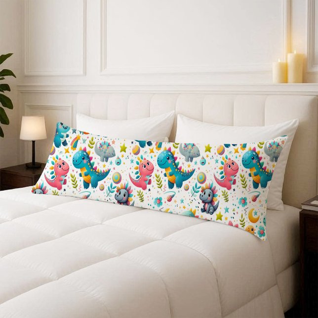 Funda para Almohada de Cuerpo de Dinosaurio Bebé A (Cute Baby Dinosaur Teal Dino Body Pillow Cover)