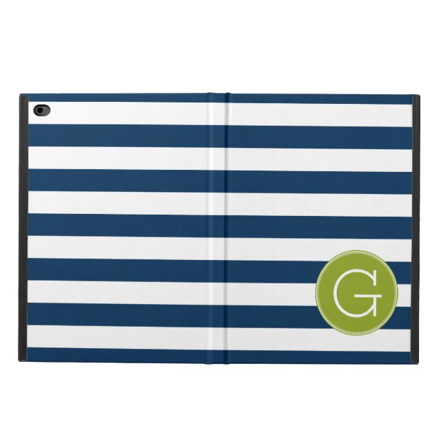 Funda Para iPad Air 2 Monograma verde de patrón franco blanco y naval (Afuera)