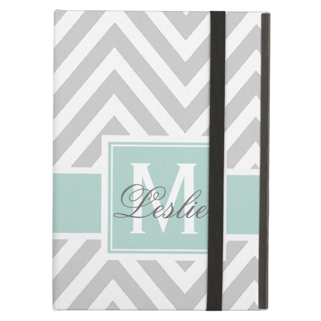 FUNDA PARA iPad AIR VERDE MENTA, MODELO GRIS DE CHEVRON PERSONALIZADO (Anverso)