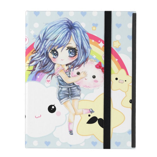 Funda Para iPad Chica cabelludo azul lindo con el arco iris y las (Anverso cerrado)