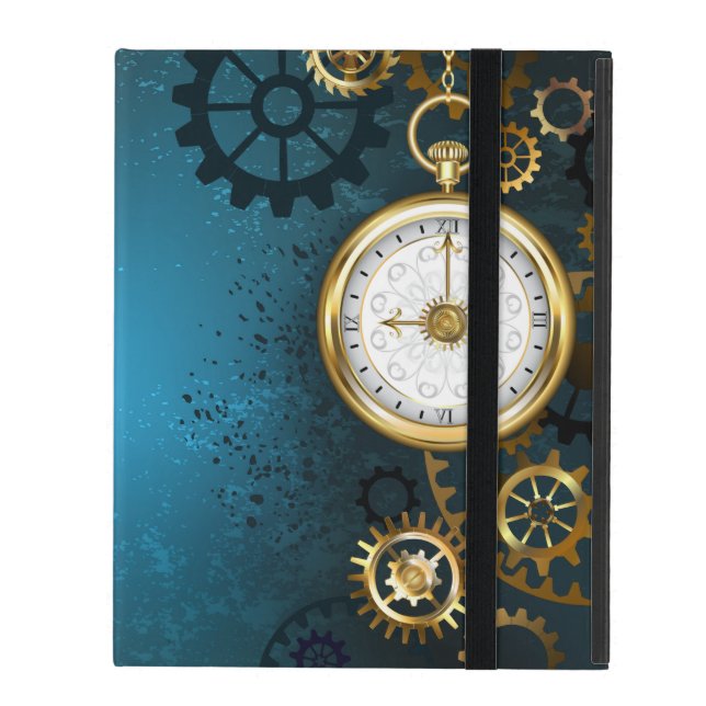 Funda Para iPad Fondo turquesa de vapor con engranajes (Anverso cerrado)