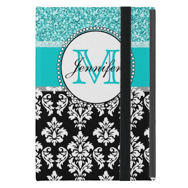 Funda Para iPad Mini Femenino, verde azulado, damasco negro del (Anverso cerrado)