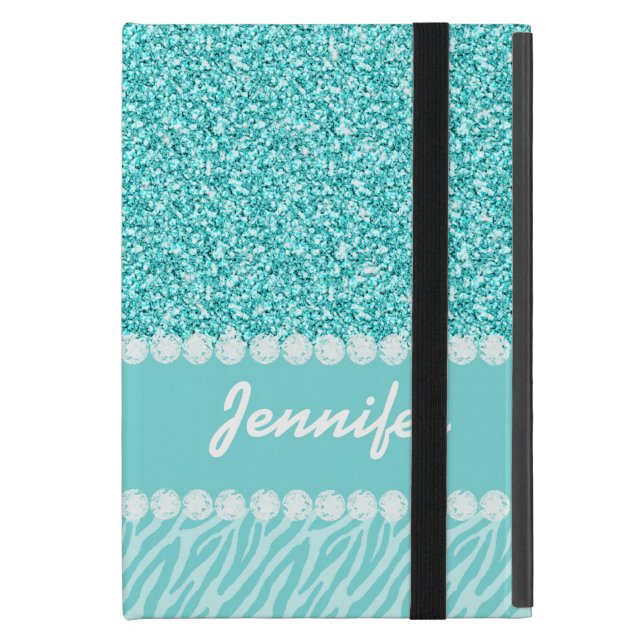 Funda Para iPad Mini Purpurina femenino, verde azulado, rayas de la (Anverso cerrado)