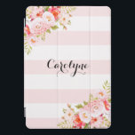 Funda para iPad Personalizado de tiras rosadas de<br><div class="desc">Portada del iPad pro,  femenina y elegante,  con ilustraciones de peonías rosadas,  flores y follaje. Esta cubierta rosada de iPad botánico pro será perfecta como un regalo personalizado.</div>