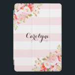 Funda para iPad Personalizado de tiras rosadas de<br><div class="desc">Portada del iPad pro,  femenina y elegante,  con ilustraciones de peonías rosadas,  flores y follaje. Esta cubierta rosada de iPad botánico pro será perfecta como un regalo personalizado.</div>