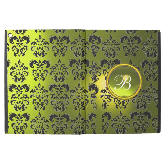 FUNDA PARA iPad PRO 12.9" MONOGRAMA BLACK YELLOW DAMASK GEM (Exterior)