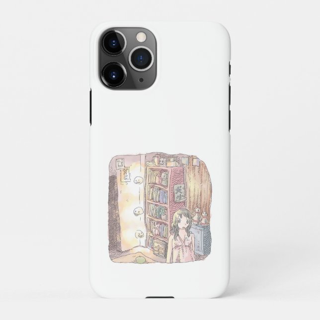 FUNDA PARA iPhone さなくむじ　薄暗いお部屋で本棚のそばに浮いているぼんやり光る物体と女性のイラスト (Reverso)