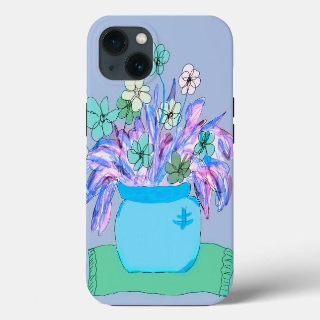 funda para iPhone 13 con maceta de flores en azul (Reverso )