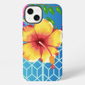Funda para iPhone 13, fondo azul con flor dorada.