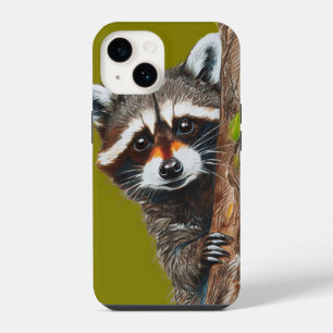 Funda para iPhone 14 con mapache mirando desde un