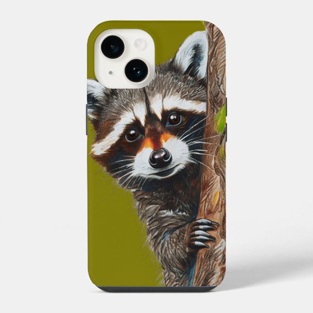 Funda para iPhone 14 con mapache mirando desde un  (Reverso )