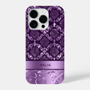 Funda Para iPhone 14 Pro Elegante textura metálica de Damasco floral púrpur