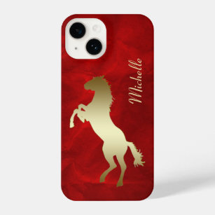 Funda Para iPhone 14 Rearing Gold Horse Silhouette Red