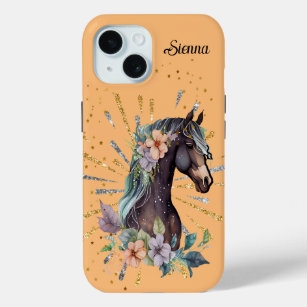 funda para iPhone 15 con caballos y flores
