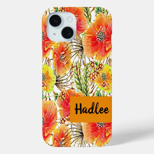 funda para iPhone 15 con flores Naranja y amarilla (Reverso )