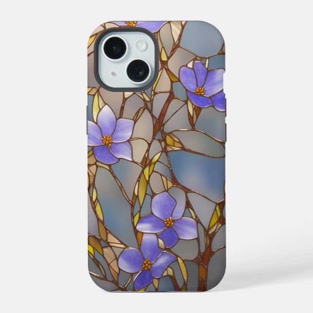 Funda para iPhone 15 Flores Moradas de Vidrio Empl (Reverso )