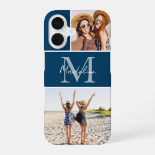 Funda Para iPhone 16 2 Collage de Fotos Monograma Azul