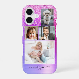 Funda Para iPhone 16 4 Fotos, Metal Falso Morado Bruñido, Brillo, Nombr