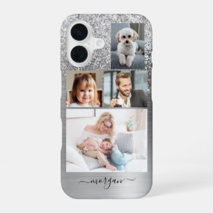 Funda Para iPhone 16 4 Fotos, Metal Plateado Bruñido Falso, Brillo, Nom