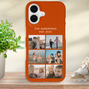 Funda Para iPhone 16 6 Collage de Fotos Nombre de Familia Naranja Quema