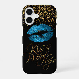 Funda Para iPhone 16 A prueba de besos con confeti dorado y labios azul