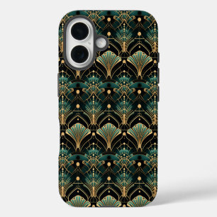 Funda Para iPhone 16 Abanico inspirado en Art Déco esmeralda y dorado