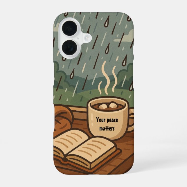 Funda Para iPhone 16 Acogedora ventana de lluvia 'Tu paz importa' (Reverso )