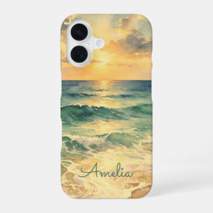 Funda Para iPhone 16 Aesthetic Beach Sunset Watercolor Custom Name