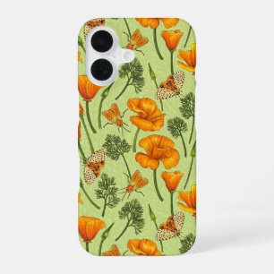 Funda Para iPhone 16 Amapolas de California y polillas sobre rocío de m