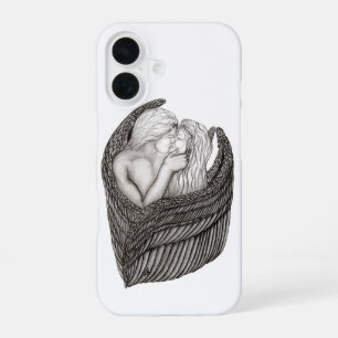 Funda Para iPhone 16 Ángeles besándose, diseño en blanco y negro