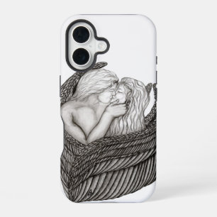 Funda Para iPhone 16 Ángeles besándose, diseño en blanco y negro