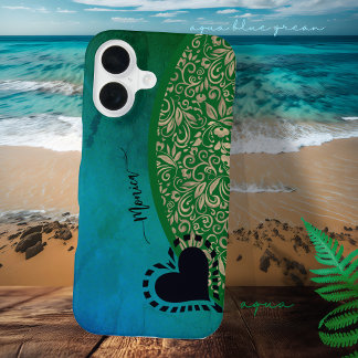 Funda Para iPhone 16 Aqua Blue Green Modern Floral Heart