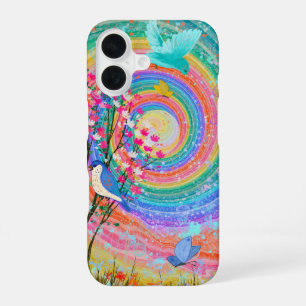 Funda Para iPhone 16 Arcoíris Colorido Flores Silvestres Pájaros Maripo