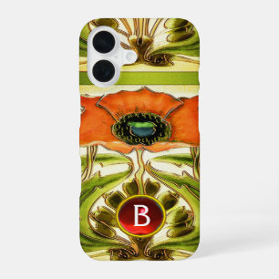 FUNDA PARA iPhone 16 ART NOUVEAU ESTILIZADO MONOGRAMA DE AMAPOLA ROJA