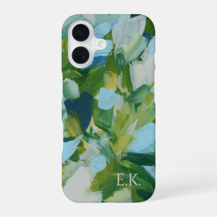 Funda Para iPhone 16 Arte abstracto verde con monograma de nombre perso