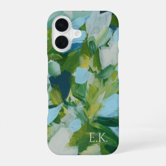 Funda Para iPhone 16 Arte abstracto verde con monograma de nombre perso