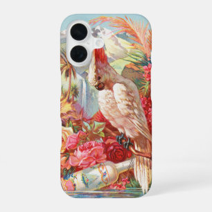 Funda Para iPhone 16 Arte botánico vintage de cacatúa tropical y rosa