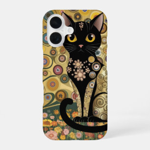 Funda Para iPhone 16 Arte de gato negro decorativo dorado estilo Gustav