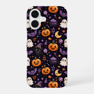 Funda Para iPhone 16 Arte de Patrón de Gato Fantasma Calabaza de Hallow