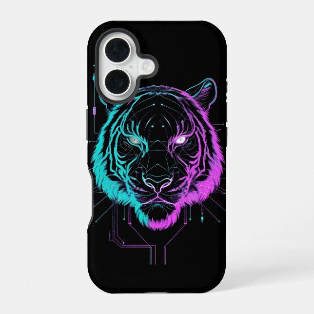 Funda Para iPhone 16 Arte de tigre digital neón (Reverso )
