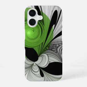 Funda Para iPhone 16 Arte fractal abstracto en blanco y negro con verde