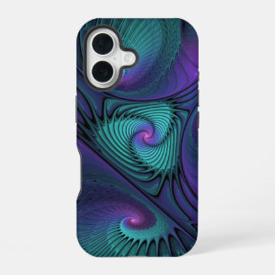 Funda Para iPhone 16 Arte fractal abstracto moderno de púrpura y turque