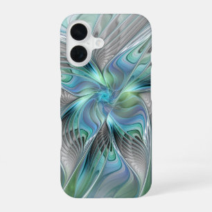 Funda Para iPhone 16 Arte fractal de fantasía de mariposa azul verde ab