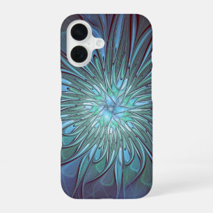 Funda Para iPhone 16 Arte fractal de flor azul moderno abstracto trendy