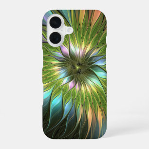 Funda Para iPhone 16 Arte fractal de flores de fantasía coloridas lumin